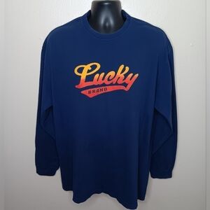 VTG 90s Lucky Brand Knit Wear Men's Large T-shirt Flocked Spell Out Navy USA